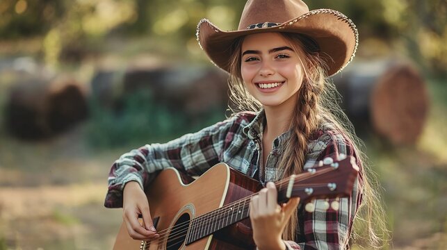 a women with a cowboy hat and acoustic guitar