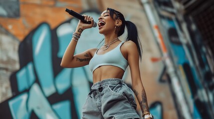 a female rapper with black ponytail  and a microphone in front of a graffiti wall