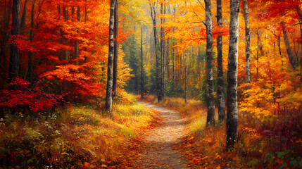 Obraz premium Enchanting Autumn Trail in Vibrant Forest with Red, Orange, and Yellow Leaves