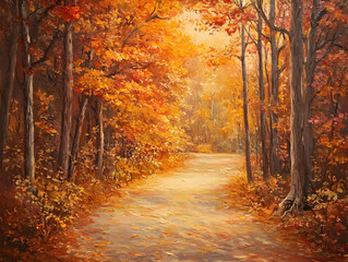 Fototapeta premium Tranquil Autumn Forest Path: Vibrant Leaves and Warm Light Scenery
