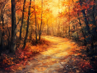 Fototapeta premium Enchanting Autumn Forest Path: A Peaceful Journey Through Warm Light and Vibrant Foliage