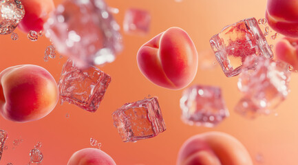 Fototapeta premium Falling and flying fresh peaches and ice cubes.. Salmon background.