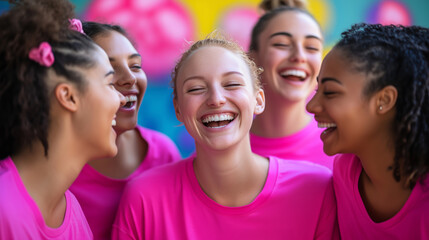 Obraz premium Beauty young woman in a group of women, laughing .All the women are wearing pink tshirts as a symbol of breast cancer.- Colorful background.