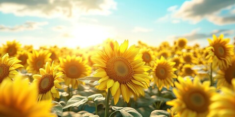 Sunflowers blooming in a field under a blue sky.