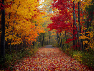 Naklejka premium Enchanting Autumn Forest Trail with Vibrant Leaves - A Path of Colorful Exploration in Nature