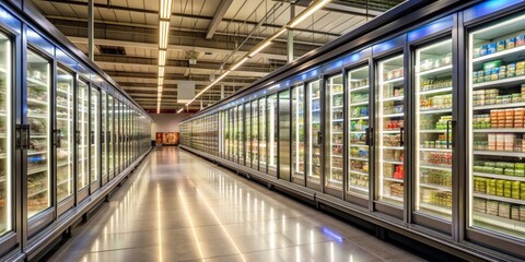 Aisle of Refrigerated Shelves in a Modern Grocery Store, supermarket , grocery , fridge , food storage