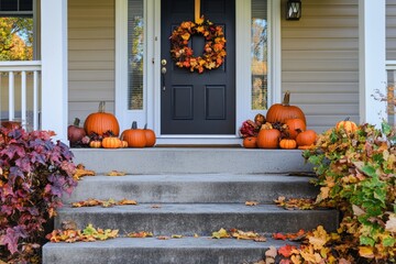 Obraz premium House entrance decorated for traditional autumn holidays, front steps of house with pumpkins, flowers and autumn wreath on front door 
