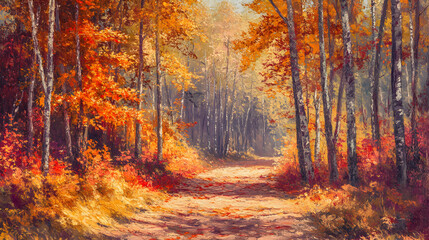 Tranquil Path through Sun-Dappled Autumn Forest - Welcoming Journey Amid Vibrant Nature Colors