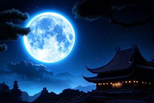 A stealthy ninja moving silently across the rooftops under a full moon, with a traditional Japanese castle in the background, embodying the mystery and skill of these covert warriors