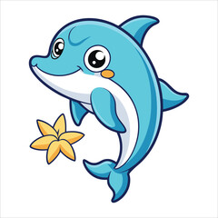 Fototapeta premium Sticker of a Playful Dolphin with a Starfish - Kawaii Contour Vector on White Background 