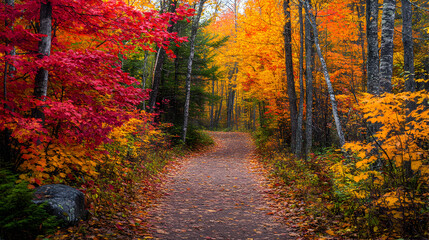 Obraz premium Enchanting Autumn Forest Trail: Vibrant Red, Orange, and Yellow Foliage Inviting Exploration