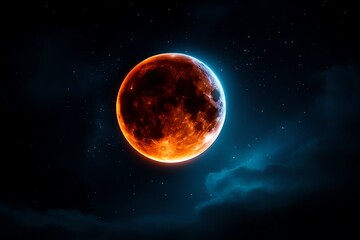 A stunning image of a total lunar eclipse, with the moon fully covered by Earth&acirc;&euro;&trade;s shadow, glowing in a deep red hue against a backdrop of stars