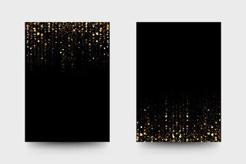 Wedding, business, presentation or birthday invitation templates with gold glitter sparkling garlands on black background.
