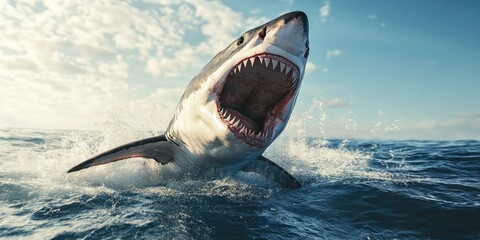 Fototapeta premium Great white shark leaps from water with open mouth.
