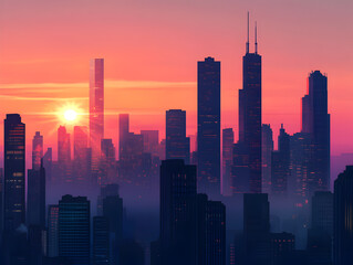 Fototapeta premium Urban Sunset Silhouette: Majestic Skyscrapers Casting Long Shadows in a City Awakening to Night Lights