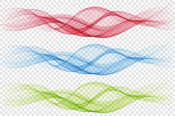 Blue, green and red smoky wave, abstract wave flow, set.