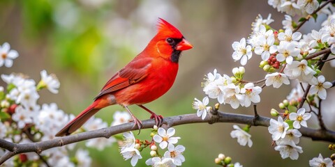 Fototapeta premium Cardinal Perched Among Blossoms, Bird, Spring, Nature, Wildlife