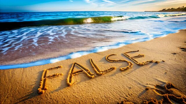 Word "False" written in sand on a beach with incoming waves, conveying a sense of rejection, denial, or correction, suitable for themes of contrast, decision-making, or summer relaxation