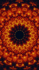 Intricate kaleidoscope pattern with fiery orange red colors and symmetrical design art illustration abstract background.