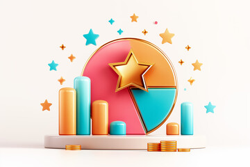 Fototapeta premium A vibrant 3D representation showcases a pie chart divided into segments with a star atop. Accompanying bar graphs enhance the visual appeal, surrounded by decorative stars and coins