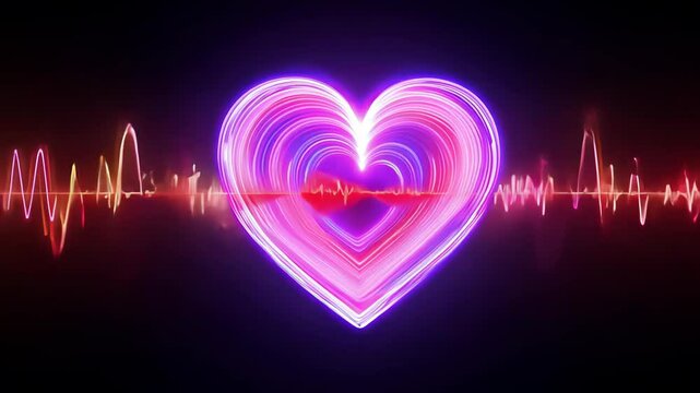 neon heart surrounded by a dynamic, pulsating waveform, set against a dark background, symbolizing love, energy, and rhythm