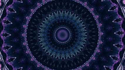 Neon kaleidoscopic mandala pattern in dark blue purple colors esoteric art illustration abstract background.