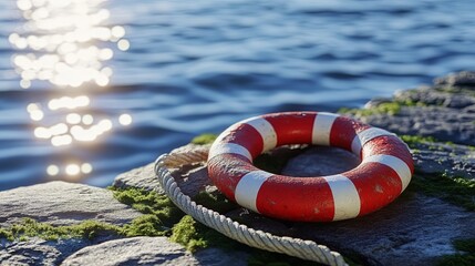 A red and white lifebuoy lies on a rocky shore with a rope attached to it. The sun is shining on the water in the background.