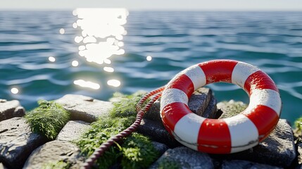 Naklejka premium A red and white lifebuoy sits on a rocky shore, with the glistening ocean in the background, a symbol of safety and hope.