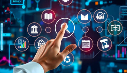 A hand pointing at a futuristic e-learning interface with various icons and symbols, representing online education and digital learning technologies