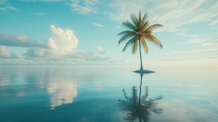 A serene tropical scene featuring a solitary palm tree on a calm water surface.