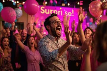 A man radiates genuine surprise and happiness as he stands among cheering friends at a lively party event, with vibrant decorations and a sign reading 'Surprise!'.