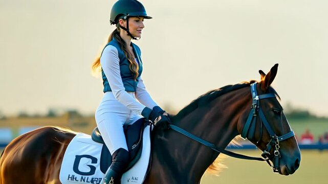 A skilled equestrian rider is seen gracefully handling her horse in a picturesque outdoor arena as the sun sets, casting a warm glow over the landscape.