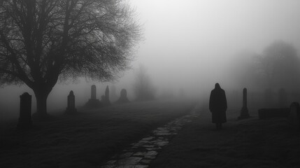 Mysterious Figure Walking Through Foggy Cemetery