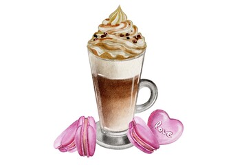 Coffee, latte, cappuccino with pink macaroons in the shape of a heart. Watercolor illustration for cafe, coffee shop, pastry shop, bakery 
