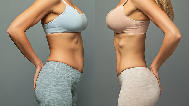 A person stands in profile, displaying the transformation in their body shape and muscle definition, female body before and after weight loss, tummy