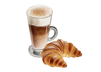 Coffee, latte, cappuccino with croissant on white background. Watercolor illustration for cafe, coffee shop, pastry shop, bakery 