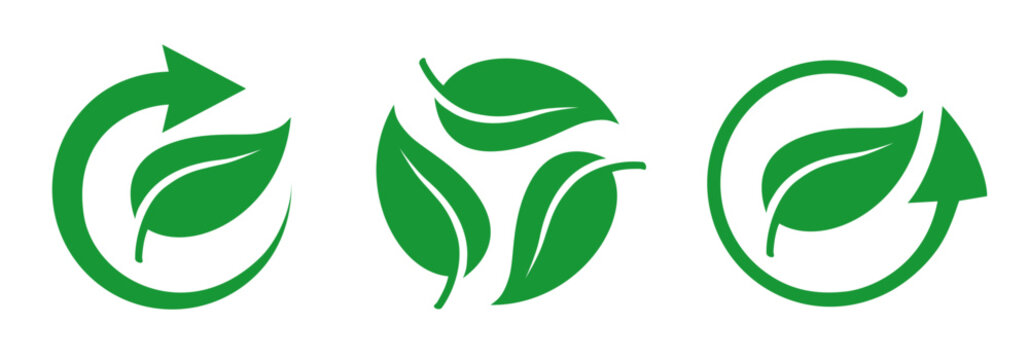 Green leaf and arrow icons for biodegradable recyclable organic bio labels package, recyclable and bio degradable package stamps, set recycle leaves label logo, leaf recycle, using recycled resources