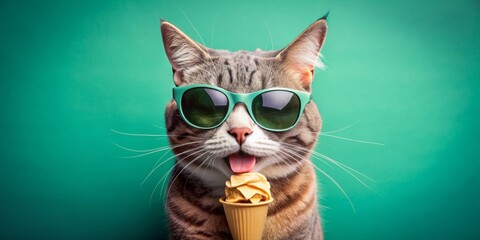 Cool Cat Enjoying Ice Cream, Green Background, Close-up Portrait, Cat, Ice Cream, Summer , Cute