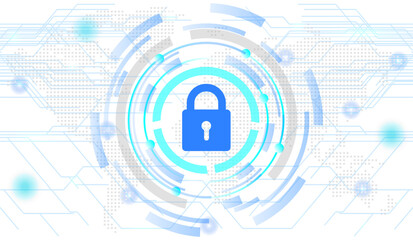 Digital protection and security cyberspace, network data and dynamic circle lines on a light blue background, cyber security concept with a padlock icon