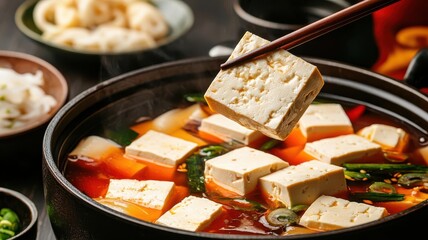 Delicious tofu in a steaming hot pot with vibrant vegetables, perfect for Asian cuisine lovers and healthy eaters.