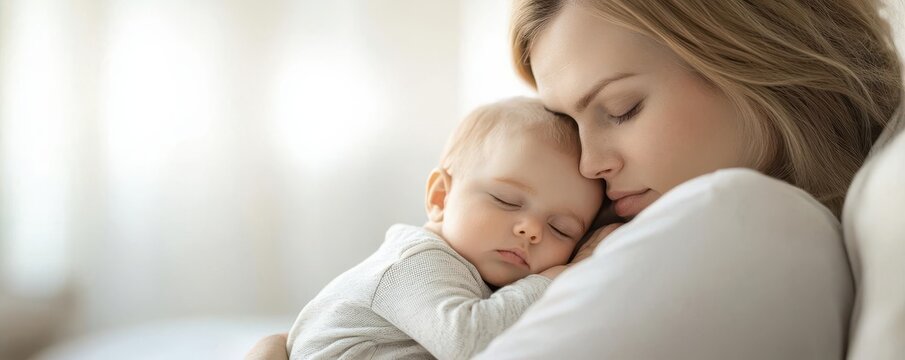 A serene moment of mother and baby cuddling, showcasing love and tenderness in a cozy environment.