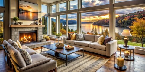 Cozy Living Room with Sunset View, Fireplace and Candles, living room, sunset, fireplace, candle