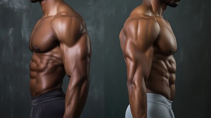 Fototapeta premium A detailed comparison of a person's body showing significant muscle growth and definition on the left and right sides, emphasizing fitness progress and dedication