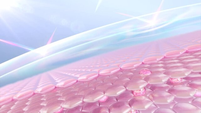 3D animation of skin cells. Skin cells with UV protection. Cosmetic, sunscreen, cream, and serum advertisements. UV shield reflects double shield protection.