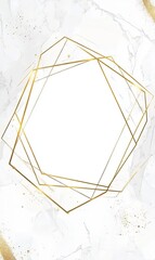 A white marble background with a gold geometric frame and glitter.