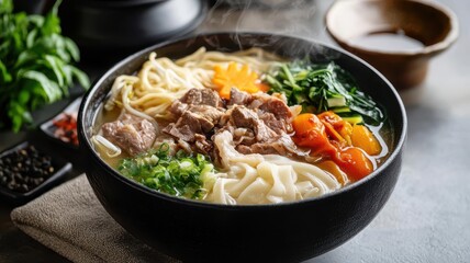 Savory bowl of steaming noodle soup with vegetables and tender meat, perfect for comforting meals or culinary presentations.