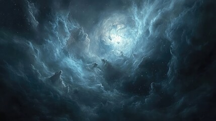 Neptune illuminated by the light of distant stars in a galaxy, with swirling clouds and cosmic dust adding depth.