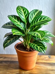 Fototapeta premium Beautiful leafy plant with vibrant green stripes in a terra cotta pot against a textured wall background. Generative AI