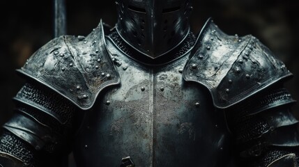 Detailed close-up of medieval armor and weaponry, placed against a dark and moody backdrop.