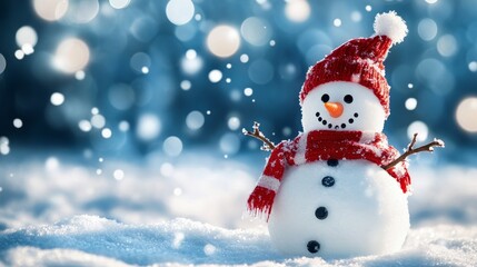 Fototapeta premium A cheerful snowman with a red hat and scarf stands in a snowy winter scene, surrounded by sparkling lights and falling snow. The snowman represents joy, winter magic, and the spirit of the holiday sea